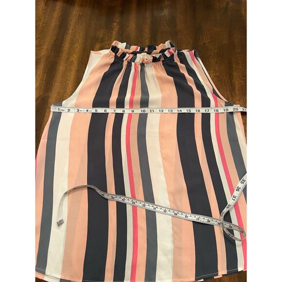 LOFT Women’s Blue Pink Stripe Sleeveless Ruffle High Neck Blouse Size Small - Picture 8 of 9